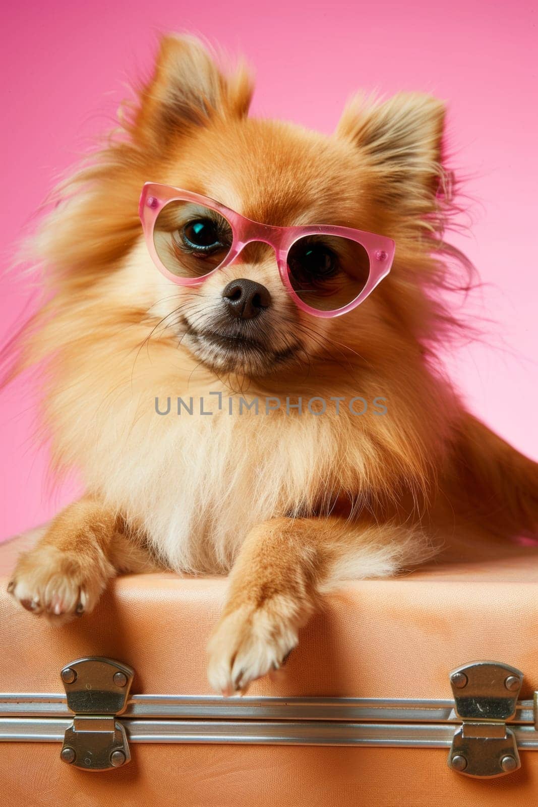 Studio front view shot of a glamorous pomeranian dog ready for holidays with sunglasses and suitcase isolated on pink by papatonic