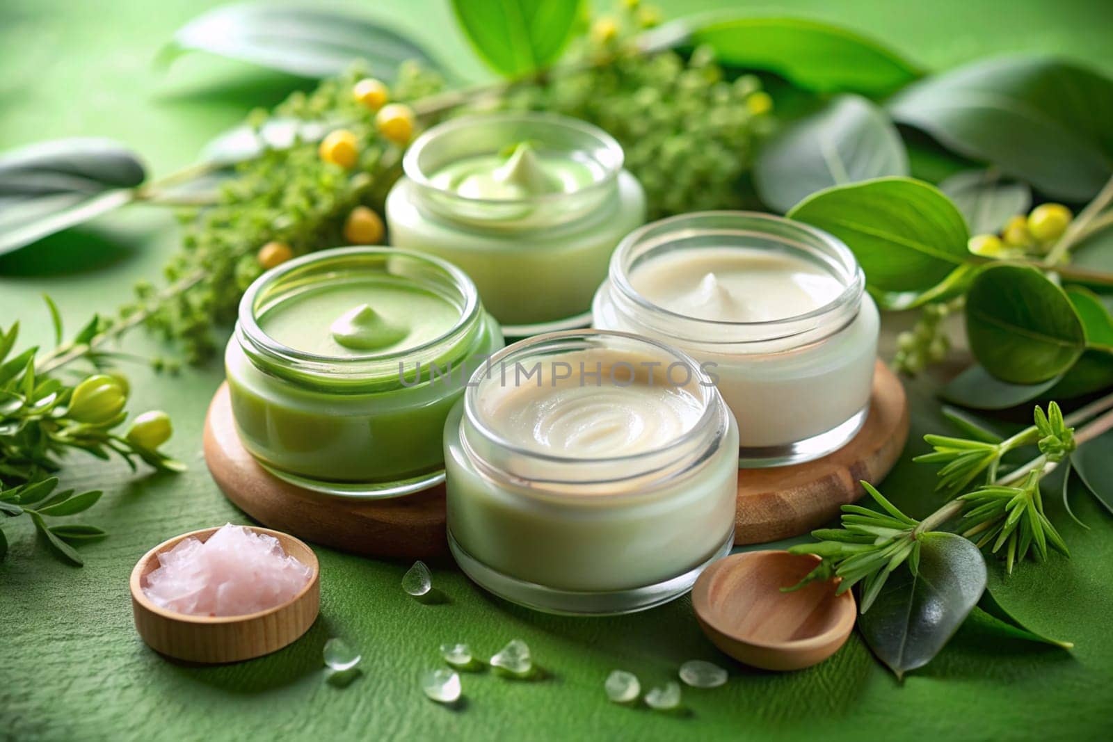 Face creams in glass jars and green leaves and flowers on background. Skin and body care beauty products. Ai generated. by alenamoore