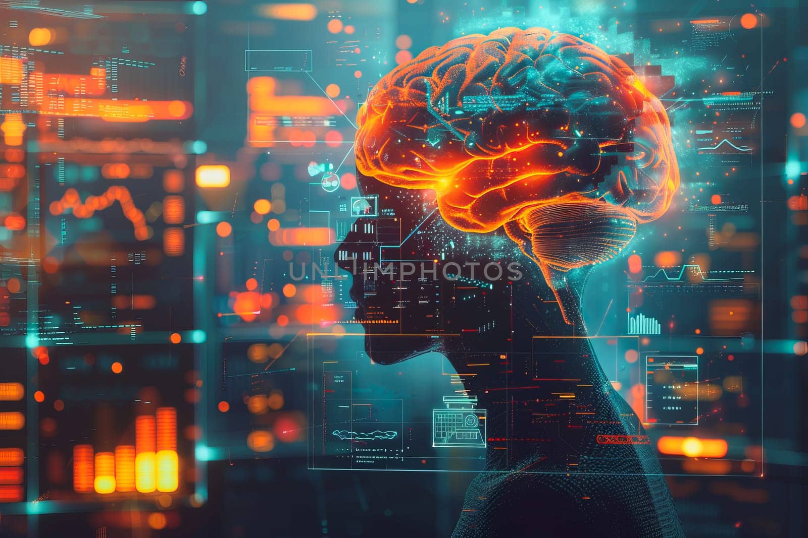 An illustration of a person's brain with AI related concepts integrated into the neural network.