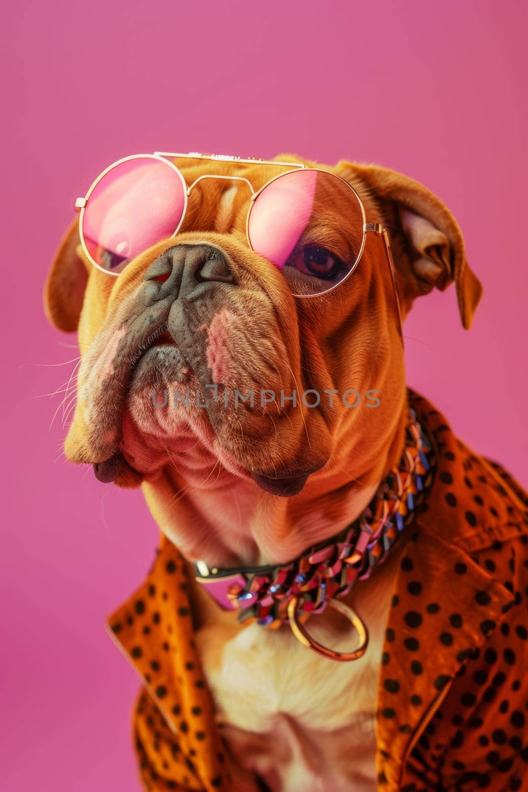 Studio shot of a glamorous female bulldog dog wearing sunglasses isolated on pink background by papatonic