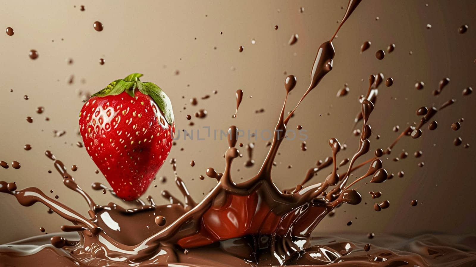 Strawberry falling into melted liquid chocolate, food dessert and confectionery industry