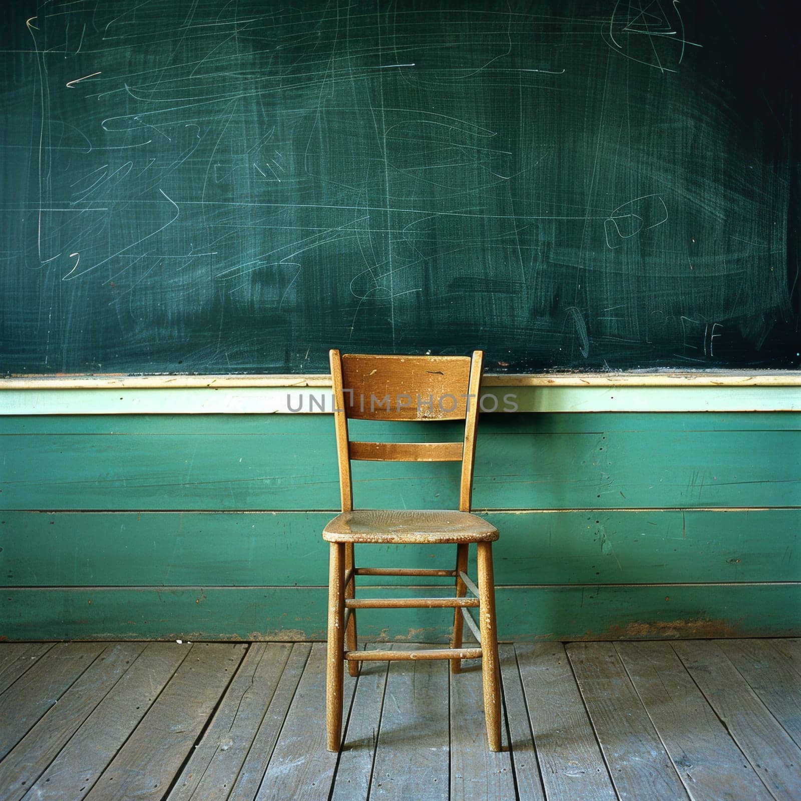 Primary education concept photo of a wooden chair that sits in front of a empty blackboard in a classroom by papatonic