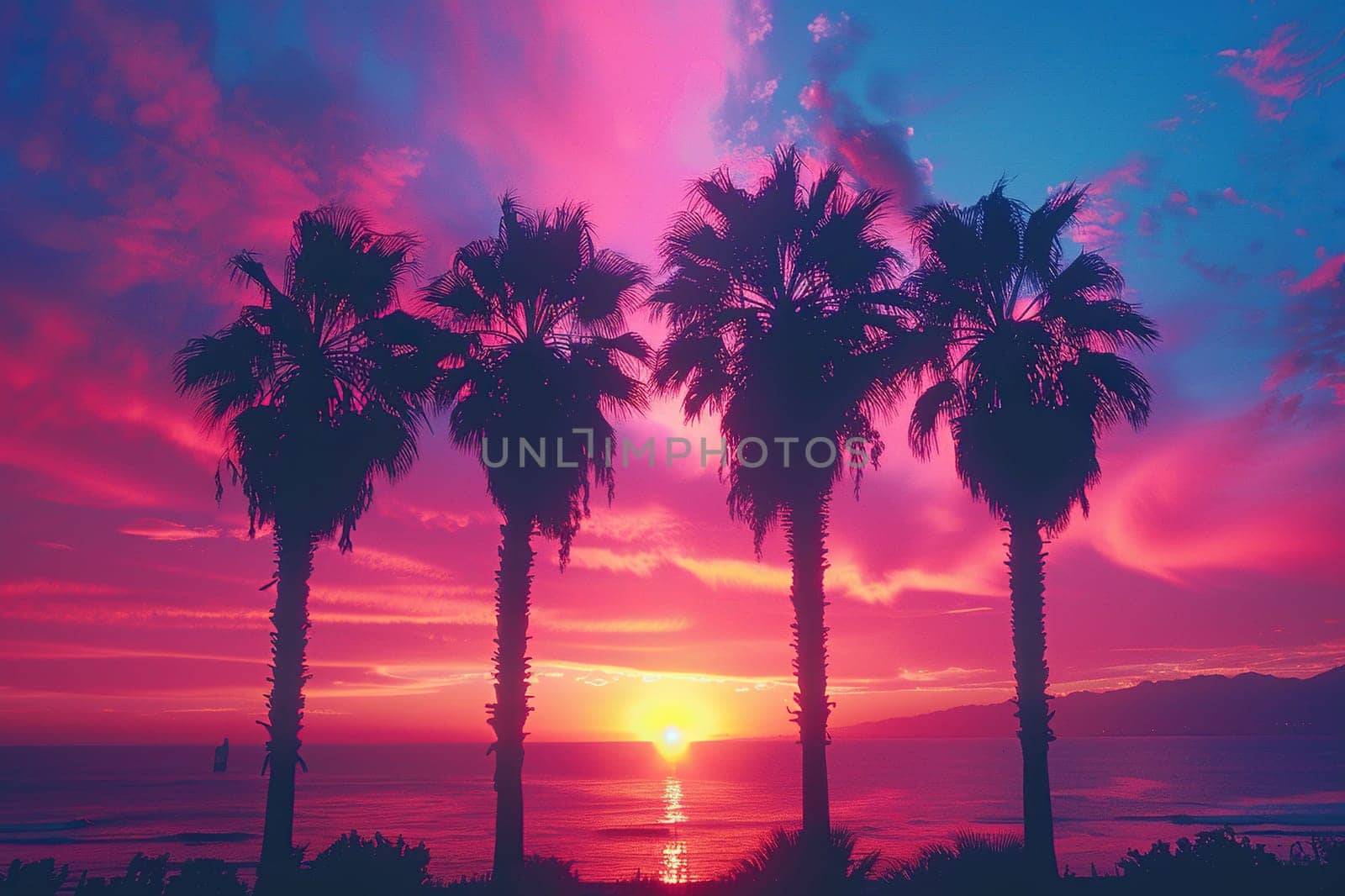 Silhouettes of tropical palm trees on a background of sunset with neon glow. Futuristic neon background. Generated by artificial intelligence by Vovmar