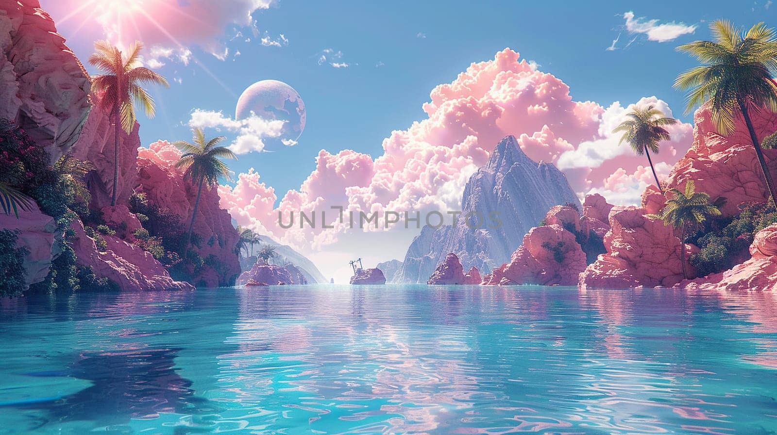 Abstract futuristic fantasy seascape with blue water, pink rocks and palm trees. Big moon in the blue sky.