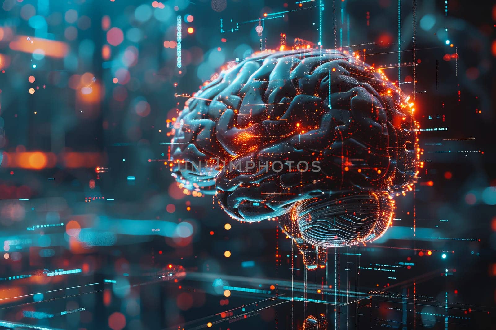 An illustration of a person's brain with AI related concepts integrated into the neural network by Manastrong