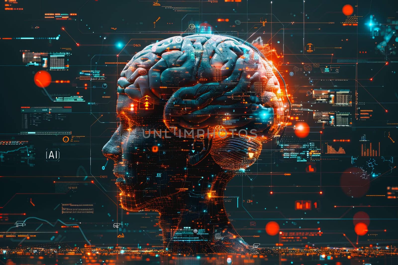 An illustration of a person's brain with AI related concepts integrated into the neural network by Manastrong