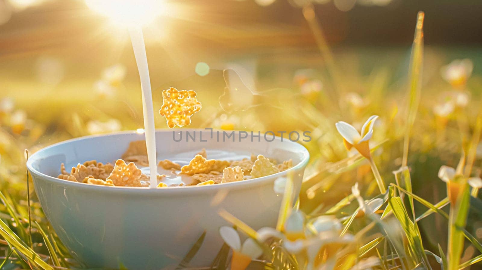 Pouring fresh milk into bowl of cereal in the English countryside field on a sunny morning for breakfast