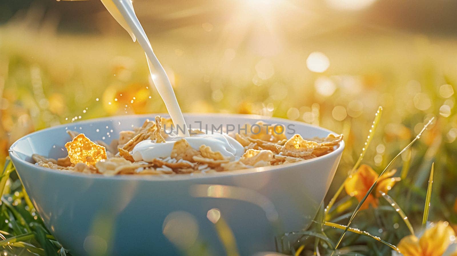 Pouring fresh milk into bowl of cereal in the English countryside field on a sunny morning for breakfast by Anneleven