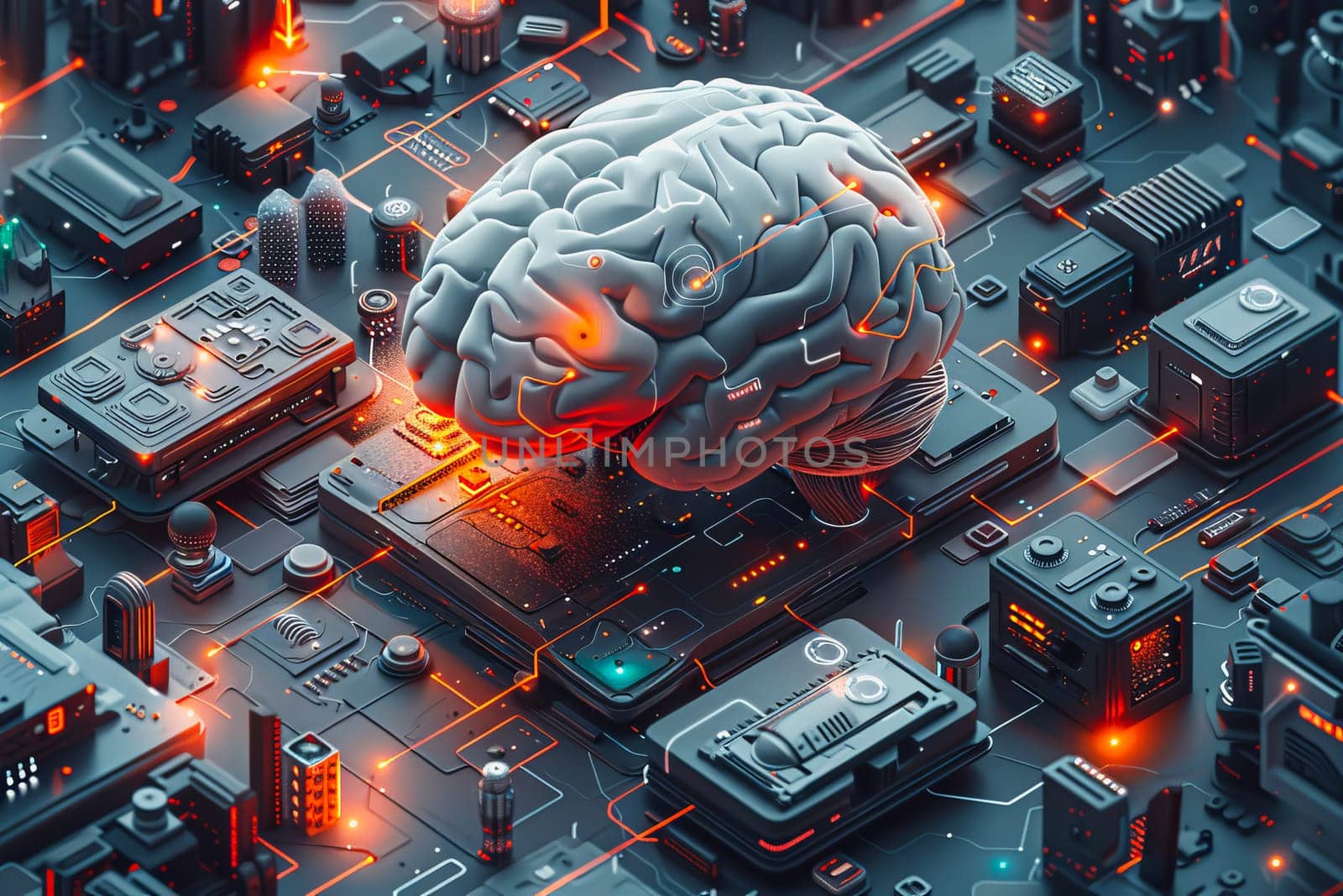 An illustration of a person's brain with AI related concepts integrated into the neural network by Manastrong