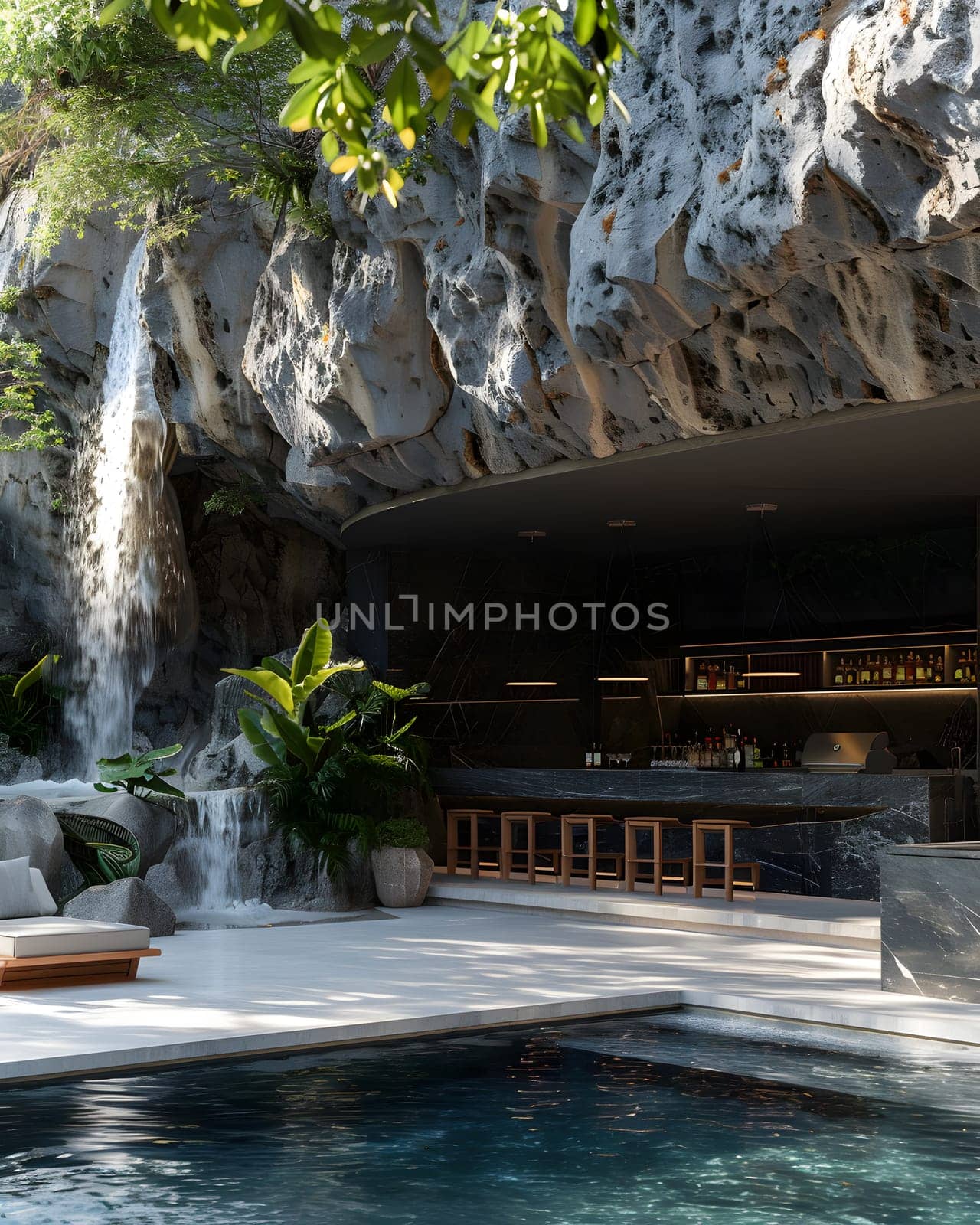 A swimming pool surrounded by lush plants, with a majestic waterfall cascading in the background, creating a tranquil oasis in a natural landscape