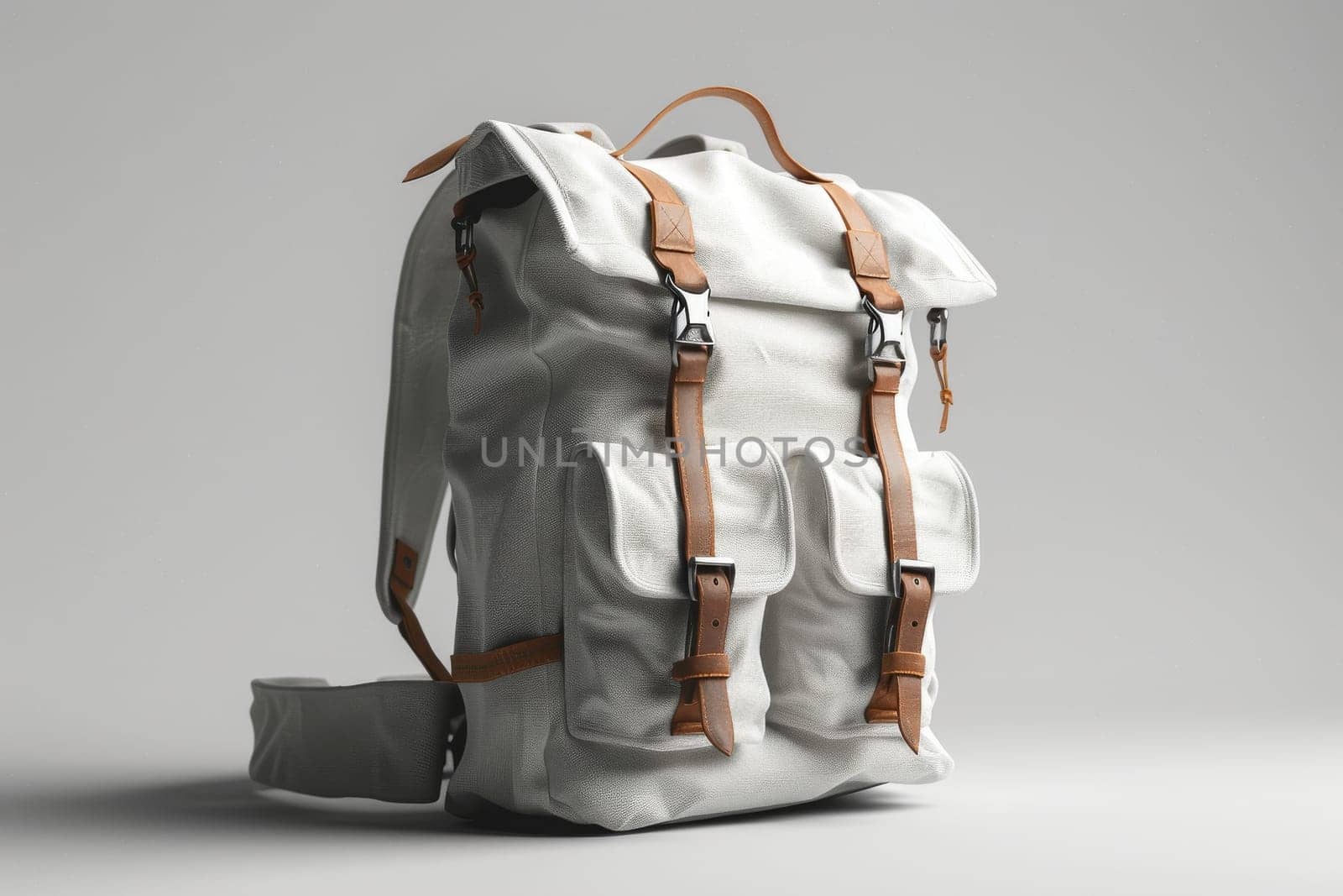 A white backpack with brown straps and a brown buckle by itchaznong