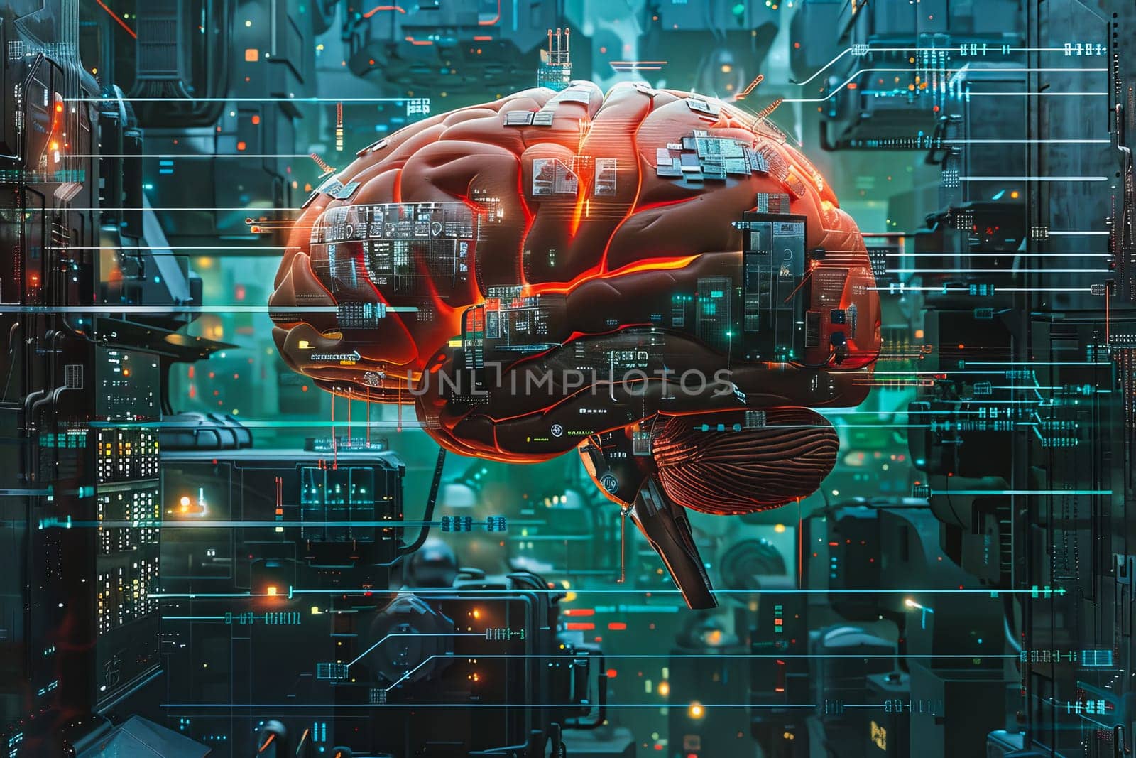 An illustration of a person's brain with AI related concepts integrated into the neural network by Manastrong