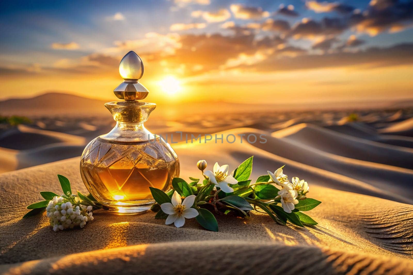 Perfume bottle in sunset desert dunes. Warm Jasmin oriental scent. by alenamoore