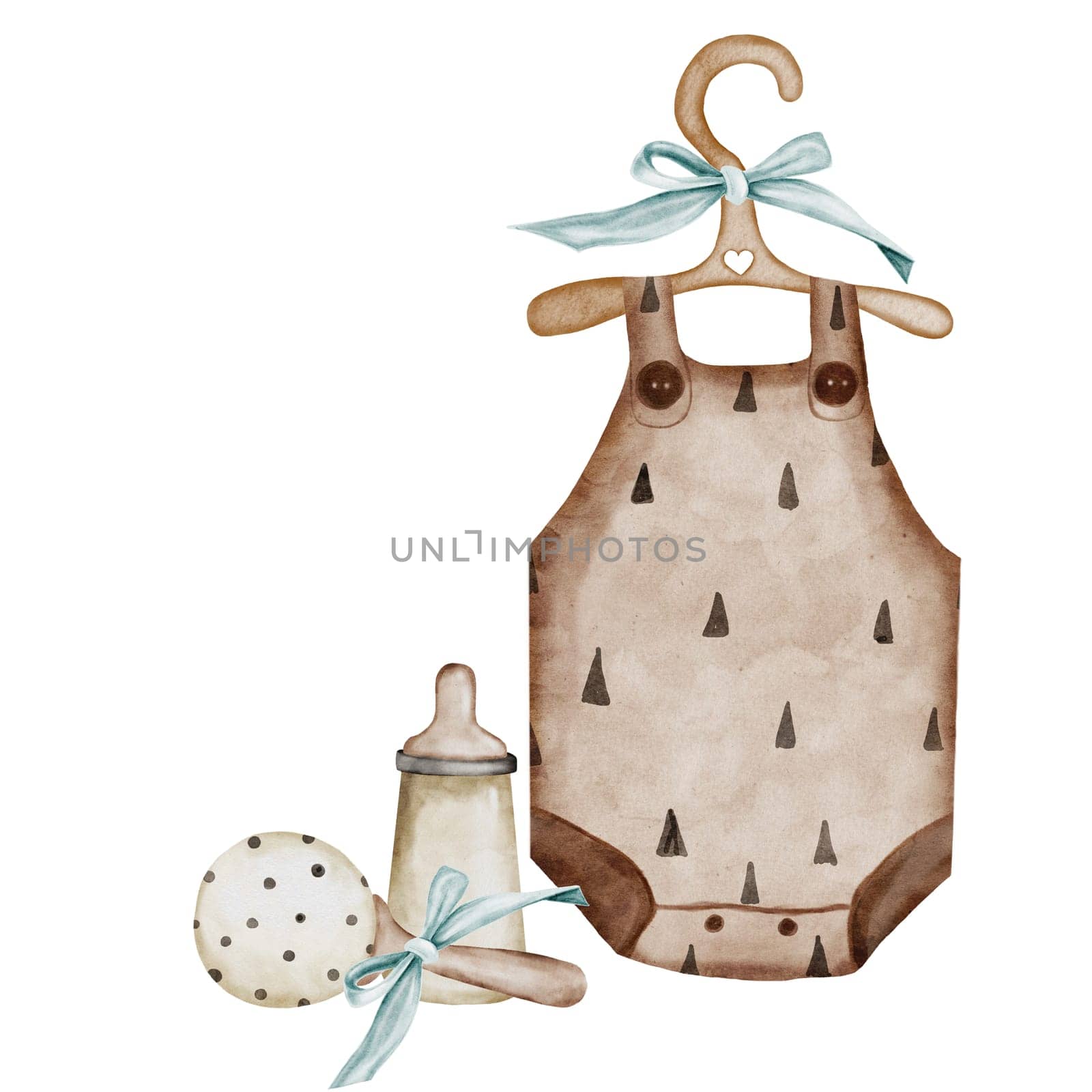 Baby watercolor. Hand drawing of children's things and accessories. Clip art of romper on wooden hanger with bow, rattles, milk bottles on isolated white background. In Scandinavian style for the design of cards and baby shower invitations. Kids cartoon and illustration. High quality illustration