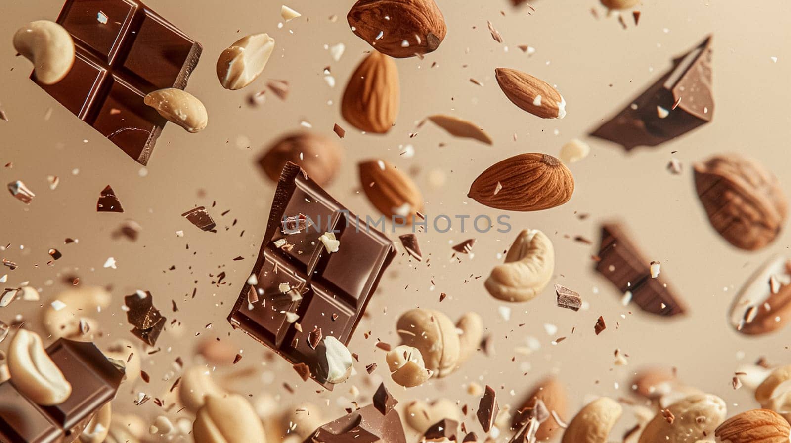 Nuts and chocolate splash, food dessert and confectionery industry