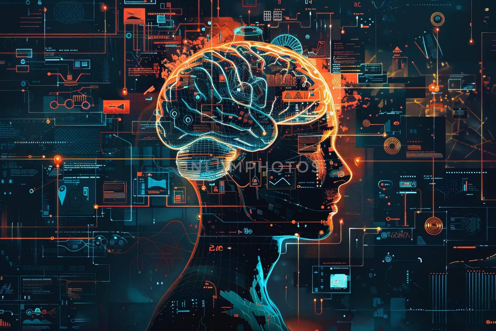 An illustration of a person's brain with AI related concepts integrated into the neural network by Manastrong