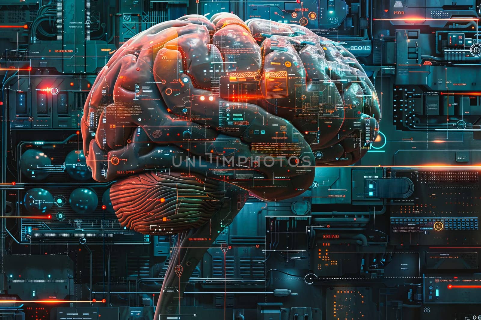 An illustration of a person's brain with AI related concepts integrated into the neural network by Manastrong