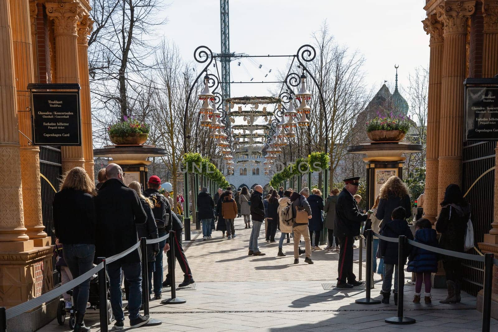 The main entrance to the Tivoli amusement park decorated for Easter. Copenhagen, Denmark - March 28, 2024