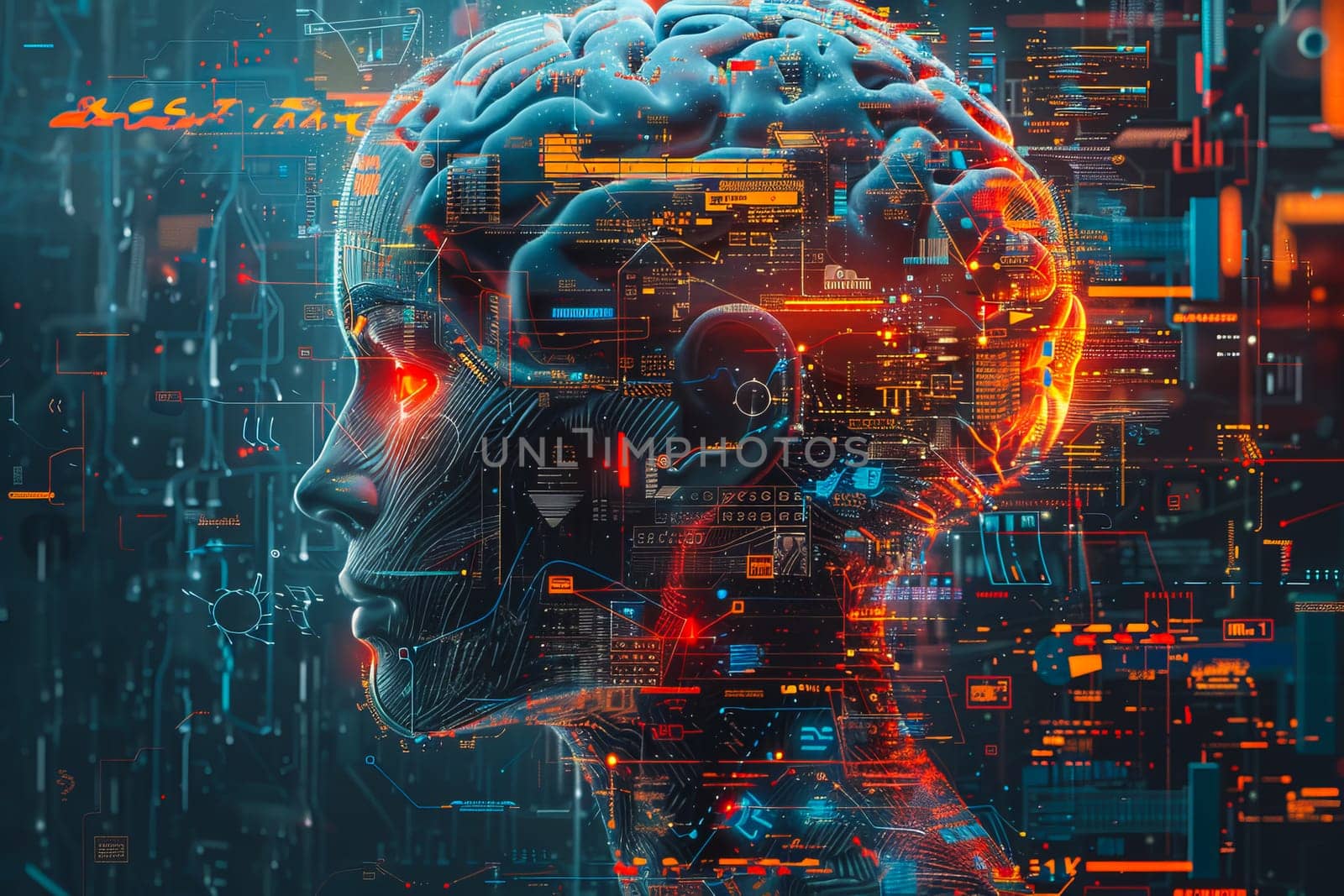 An illustration of a person's brain with AI related concepts integrated into the neural network by Manastrong