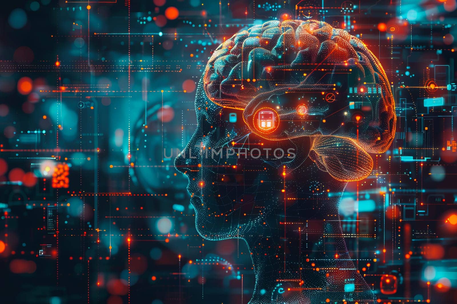 An illustration of a person's brain with AI related concepts integrated into the neural network by Manastrong