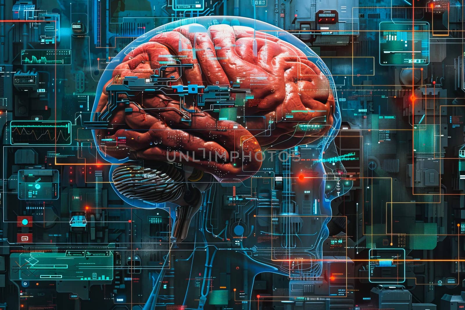 An illustration of a person's brain with AI related concepts integrated into the neural network by Manastrong