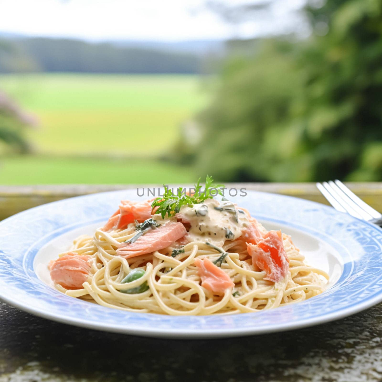 Pasta with smoked salmon and cream, homemade cuisine and traditional food, country life by Anneleven