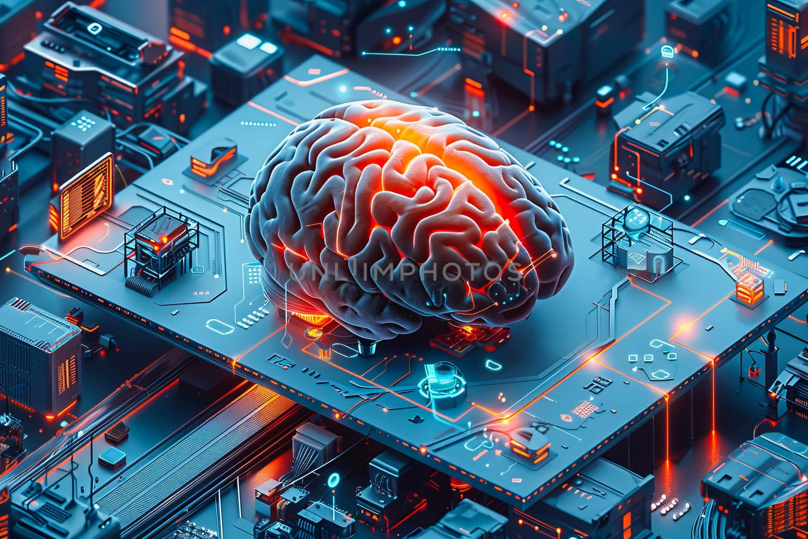 An illustration of a person's brain with AI related concepts integrated into the neural network by Manastrong