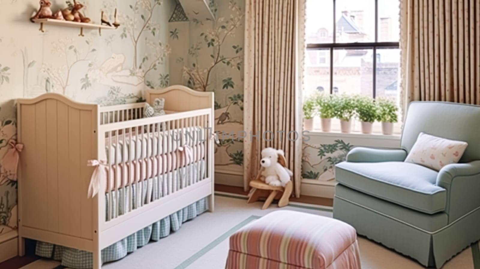 Nursery decor, pastel interior design and children home decor, baby room crib bed and country furniture, English countryside house style by Anneleven