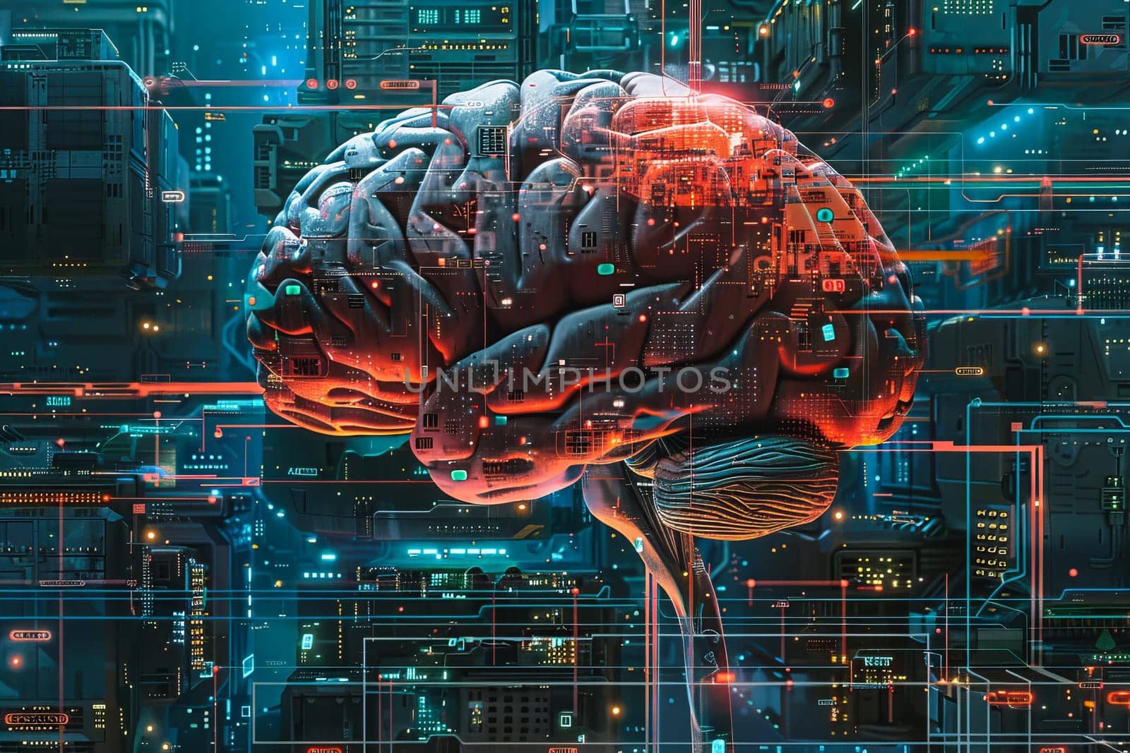 An illustration of a person's brain with AI related concepts integrated into the neural network.