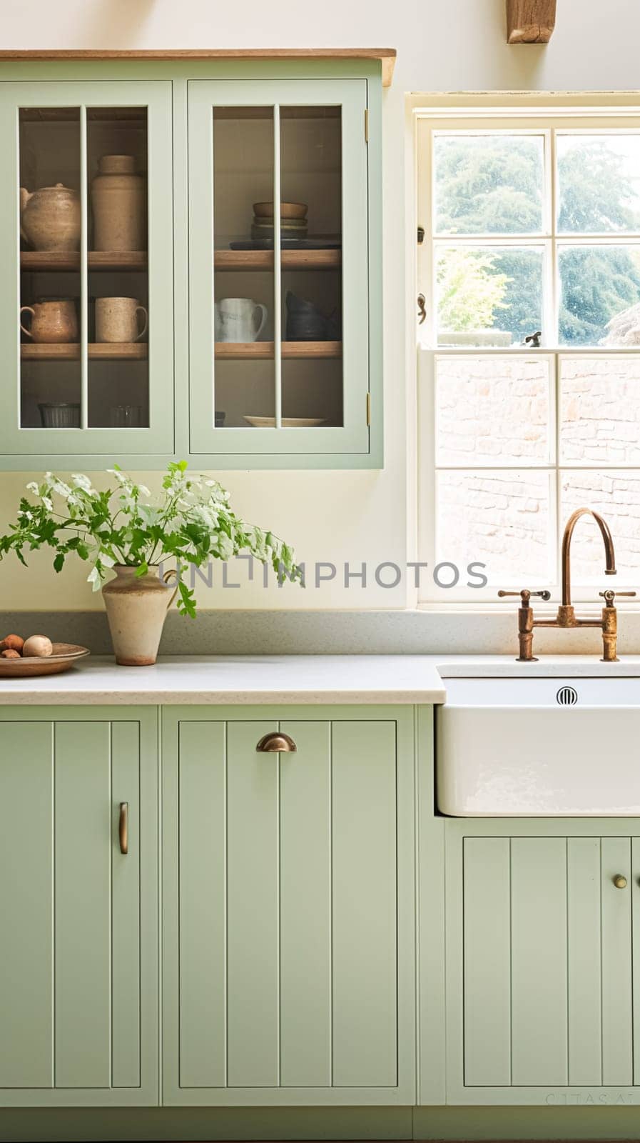 Mint cottage kitchen interior design, home decor and house improvement, English in frame kitchen cabinets in a country house by Anneleven