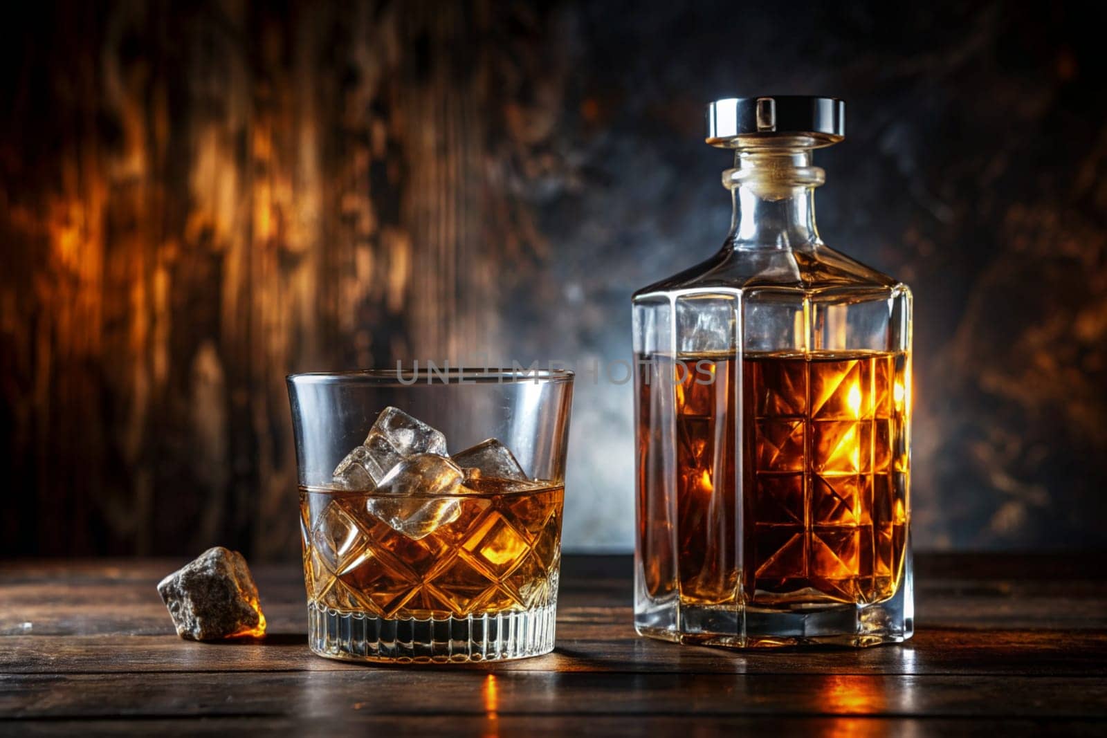 Bottle and glass of whiskey or brandy with ice on a dark rustic background. Ai generated by alenamoore