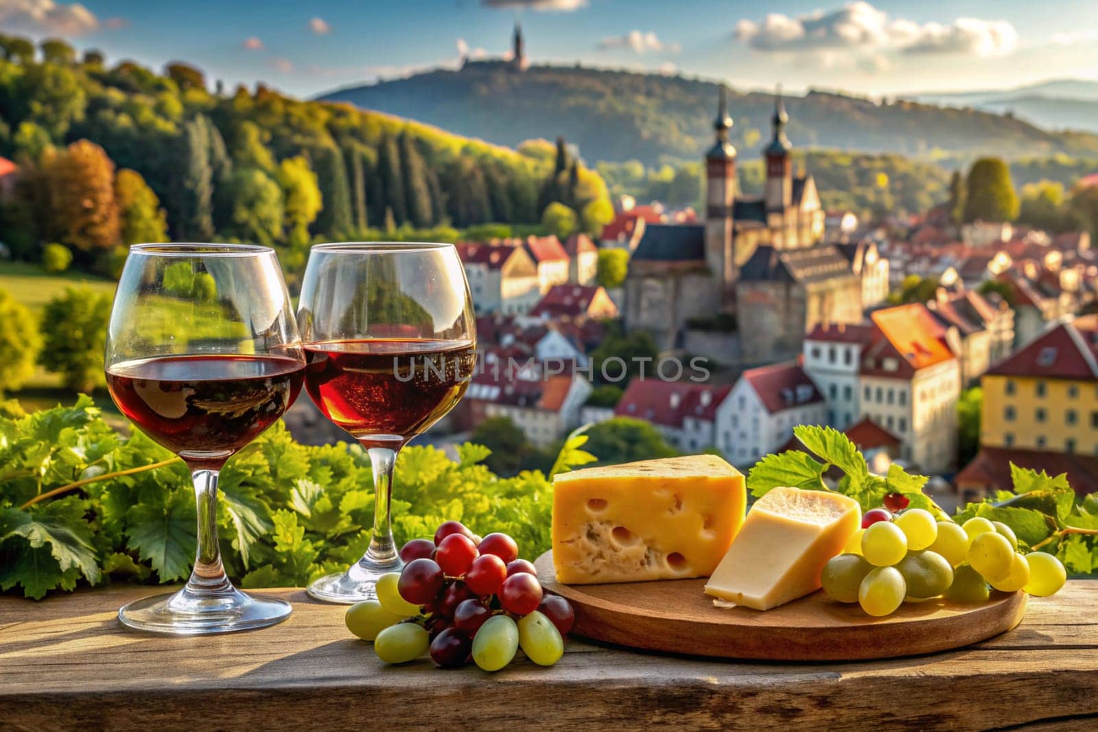 Red wine with grapes and cheese still life against the backdrop of an old European city. Ai generated by alenamoore