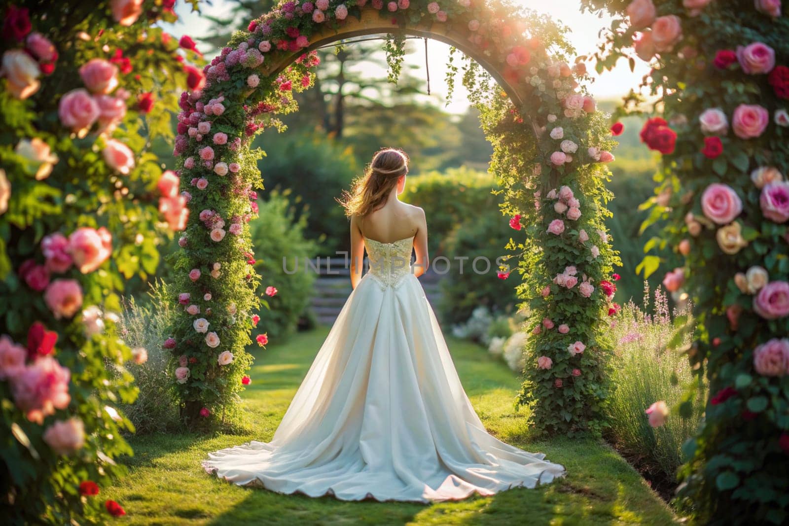 Beautiful bride in white wedding dress with veil walking in rose garden. Wedding concept. Ai generated by alenamoore