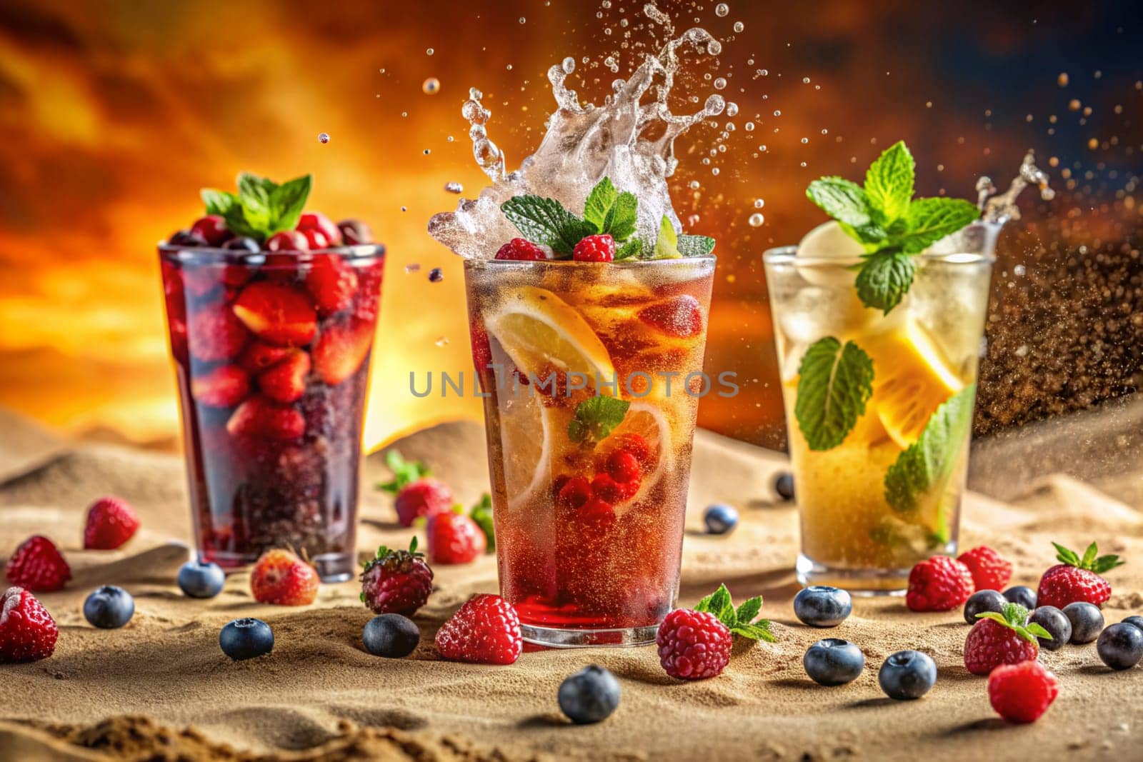 Glass and splash of delicious fruit tea with berries on sand background. Ai generated by alenamoore