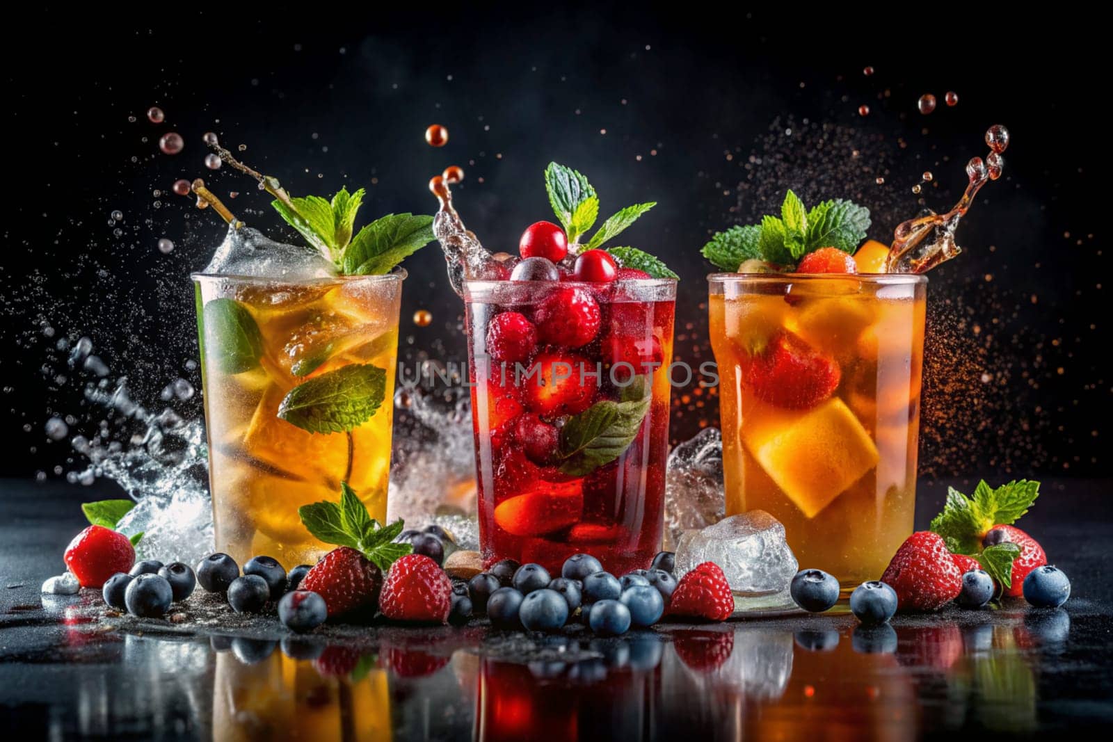 Glass and splash of delicious iced fruit tea with berries on black background. Ai generated by alenamoore