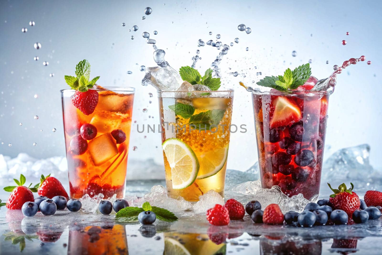 Glass and splash of delicious iced fruit tea with berries on white background. Ai generated by alenamoore