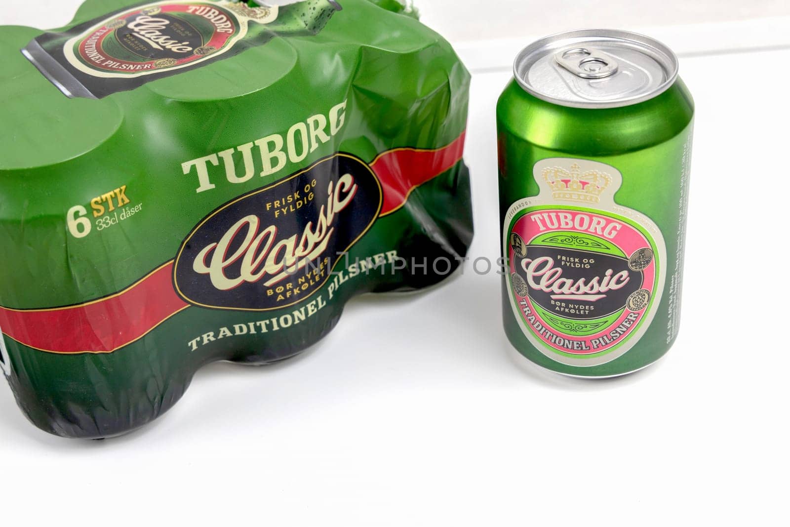 Danish beer in cans Tuborg Classic. The most popular beer. Copenhagen, Denmark - March 4, 2024.