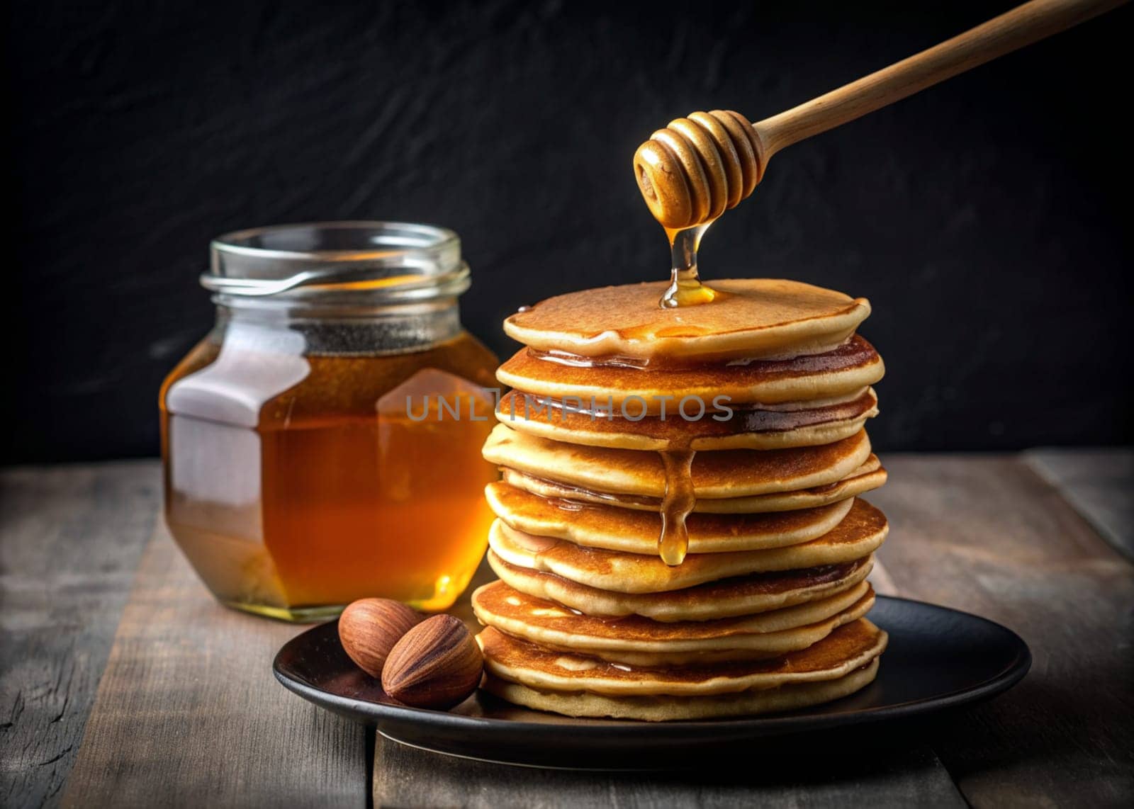 Sweet Delicious Homemade Stack of Pancakes with Honey for Breakfast on dark background. Ai generated by alenamoore