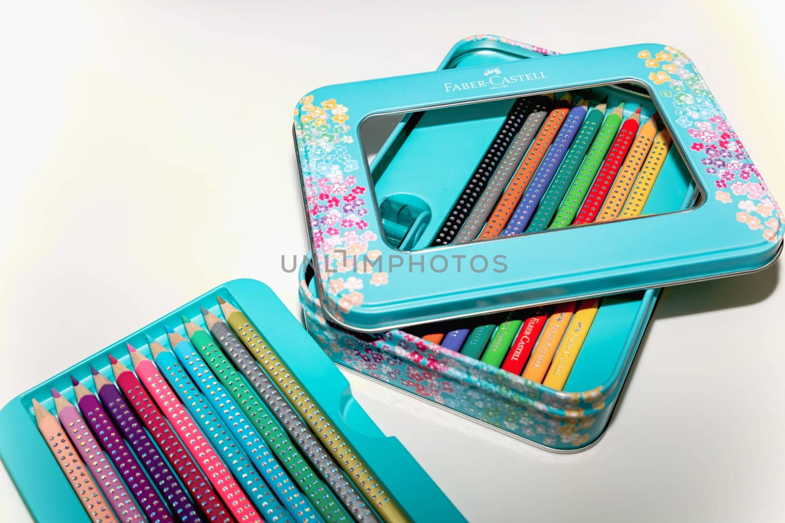 Faber-Castell colored pencils for drawing various colors andcoloring book for children. Copenhagen, Denmark - January 24, 2024