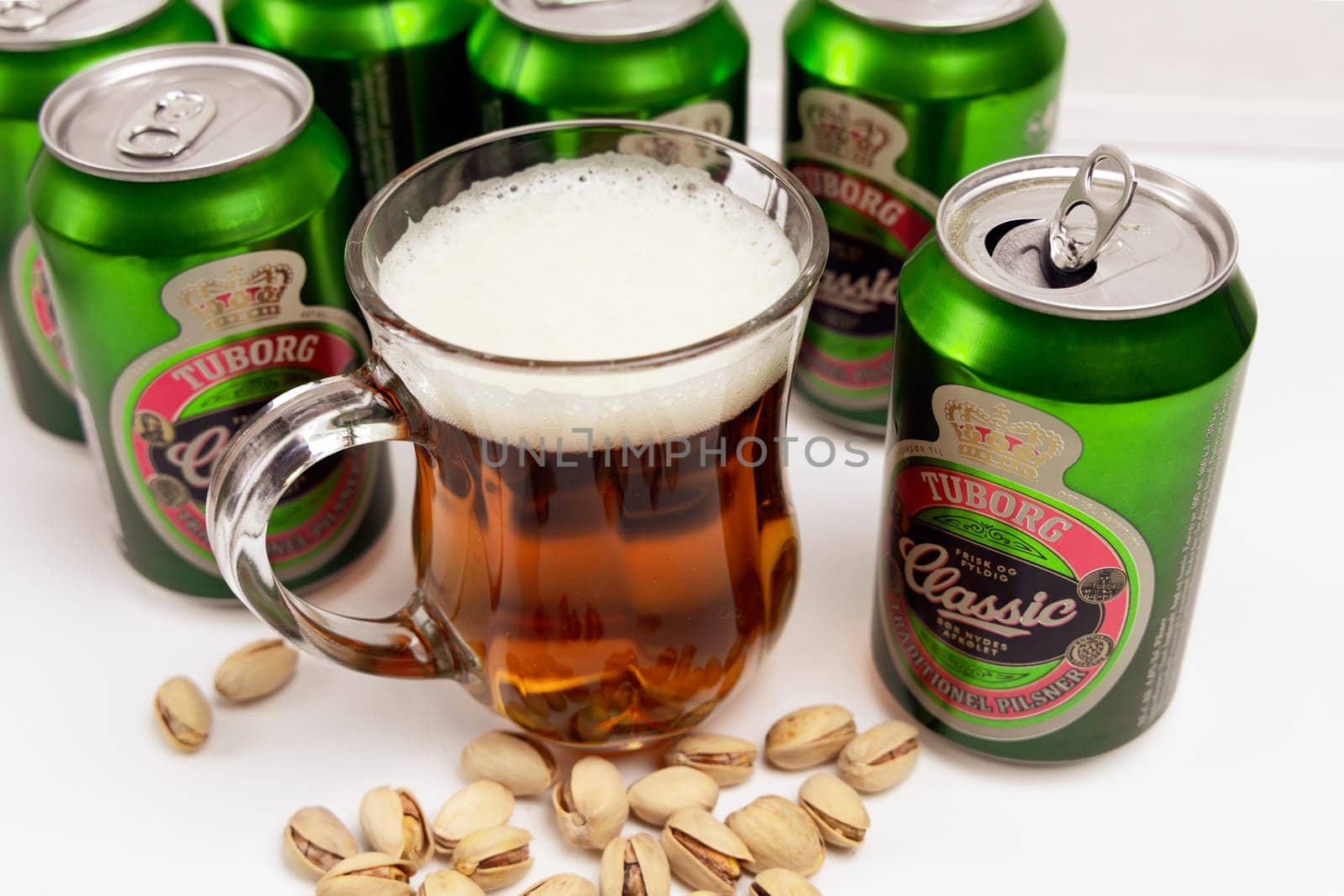 Danish beer in cans Tuborg Classic. The most popular beer. Copenhagen, Denmark - March 4, 2024.