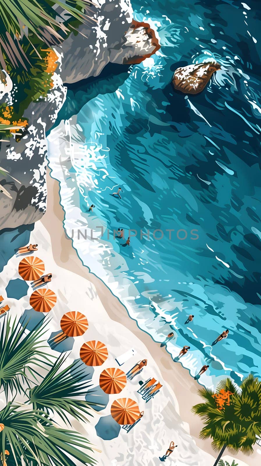 An aerial perspective capturing a tropical beachs azure waters, palm trees, and umbrellas, creating a picturesque natural landscape perfect for travel art creations