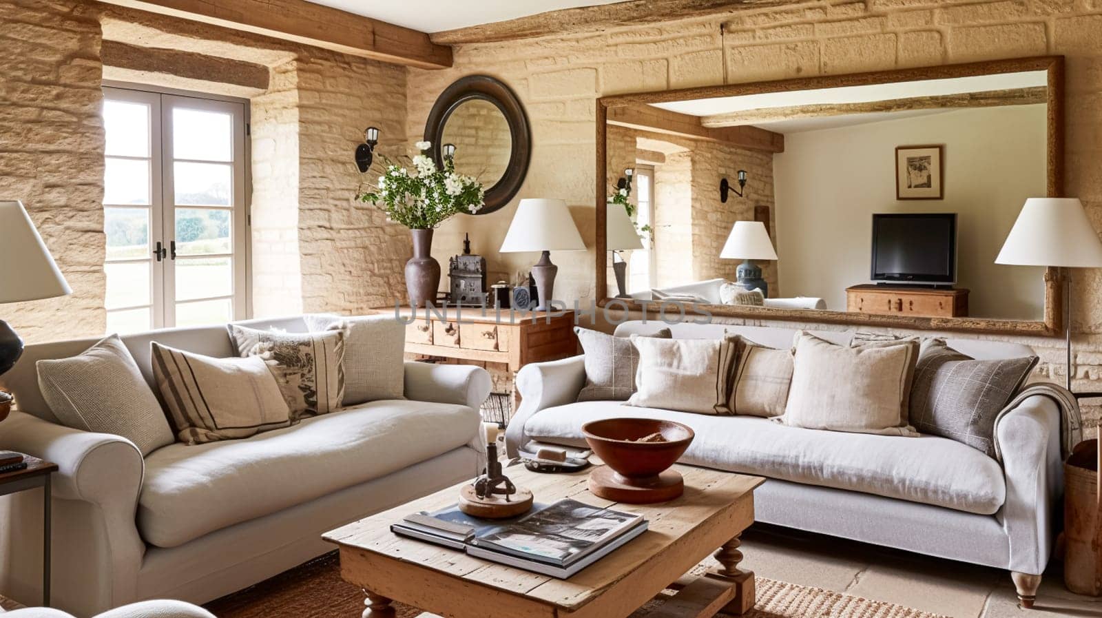 Modern cottage sitting room, living room interior design and country house home decor, sofa and lounge furniture, English Cotswolds countryside style interiors