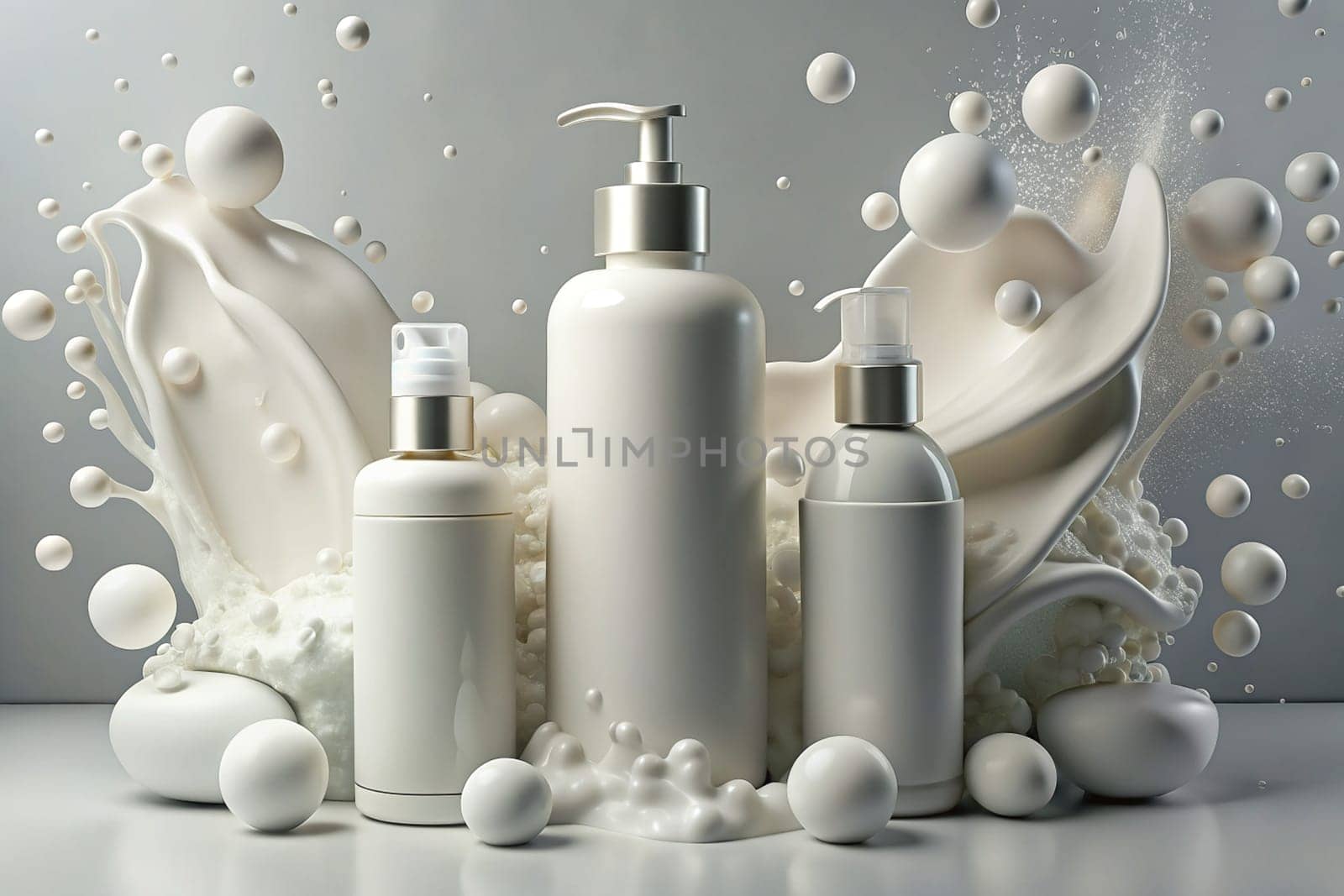 White body and skin care products and cosmetics on white background with white bubbles. Ai generated by alenamoore