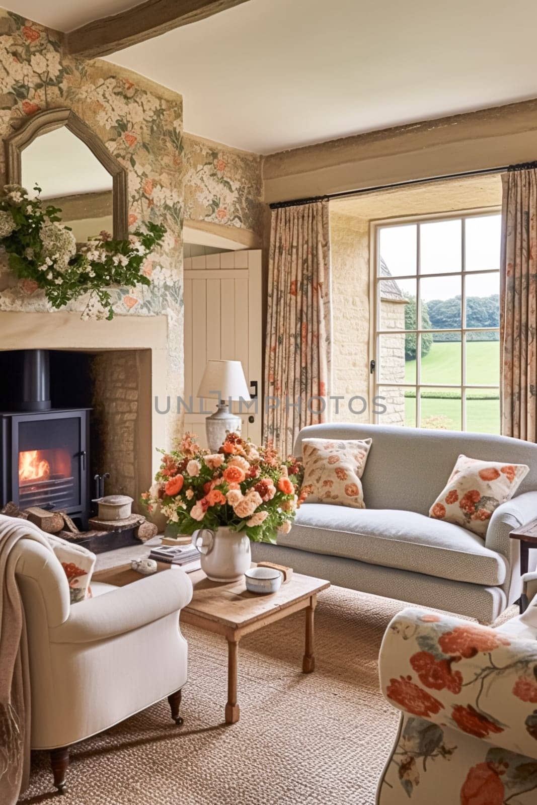 Neutral cottage sitting room with fireplace, living room interior design and country house home decor, sofa and lounge furniture, English countryside style by Anneleven