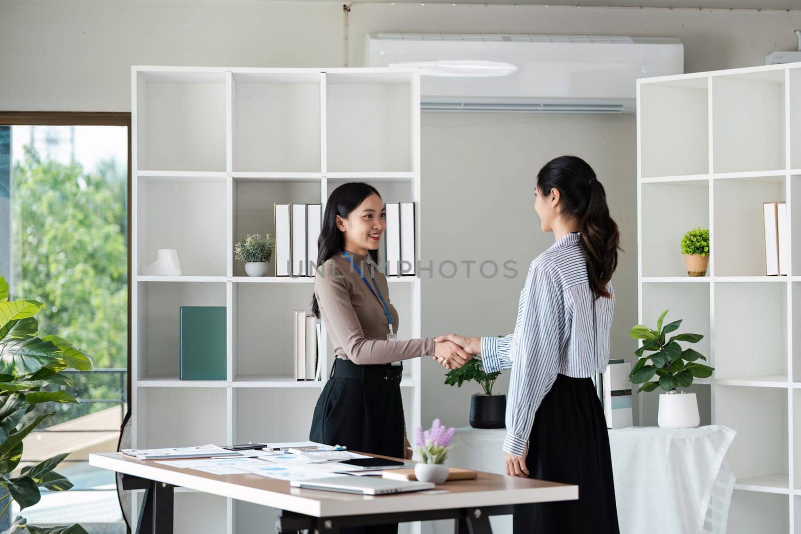 businesswoman shaking hands after meeting success. Handshake. Collaboration, teamwork.