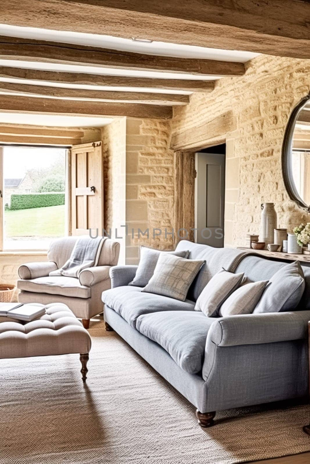 Modern cottage sitting room, living room interior design and country house home decor, sofa and lounge furniture, English Cotswolds countryside style interiors