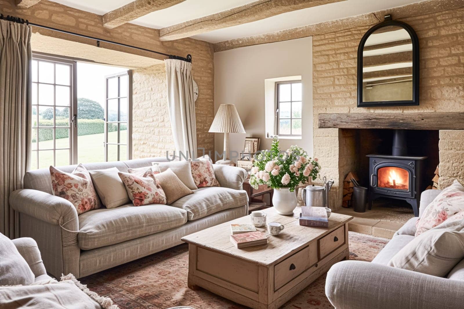 Neutral cottage sitting room with fireplace, living room interior design and country house home decor, sofa and lounge furniture, English countryside style interiors