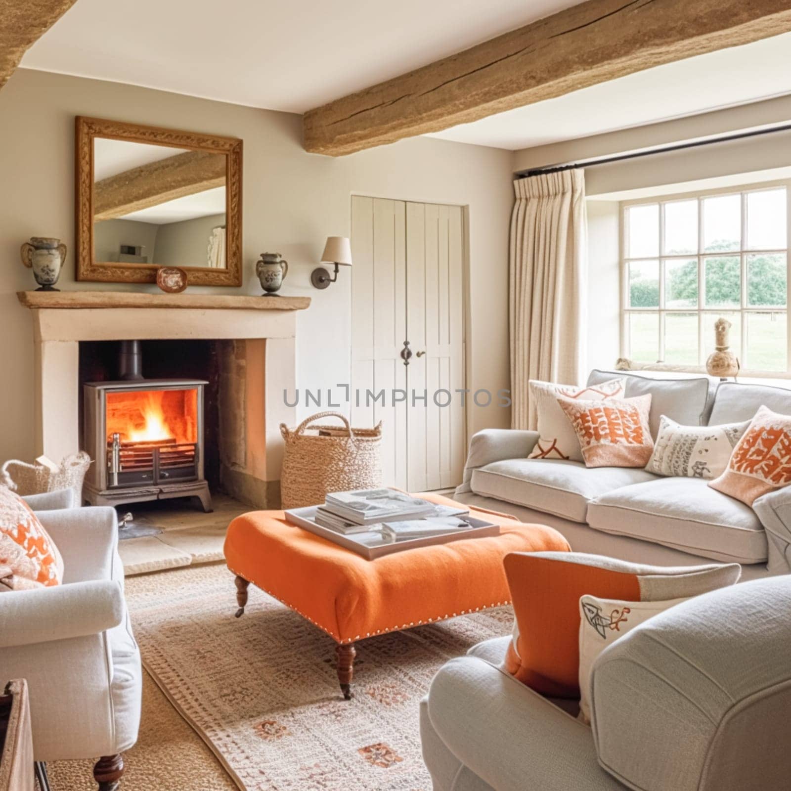 Modern cottage sitting room with fireplace, living room interior design and country house home decor, sofa and lounge furniture, English countryside style by Anneleven