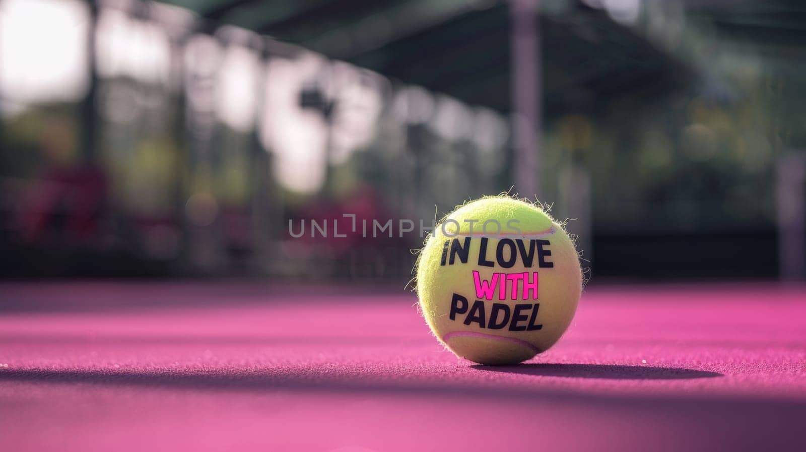 Low angle close up view of a padel ball with the words "in love with padel" written on it.