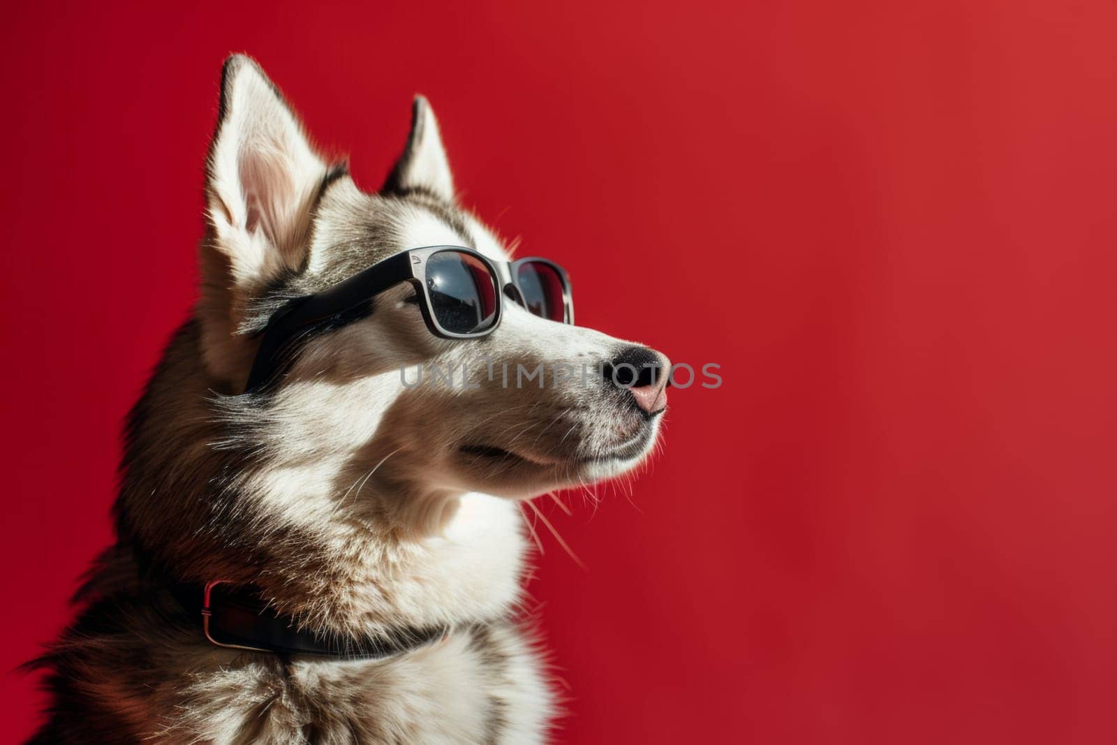 Husky dog wearing sunglasses and standing isolated on red background by papatonic